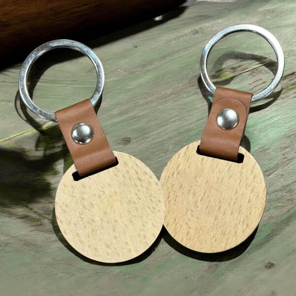 Round Wooden Keychain with Leather Thumbnail