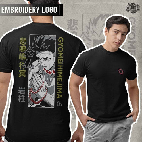 Anime Demon Slayer Stone Hashira Gyomei Himejima Design Embroidery T-shirt Unisex High quality