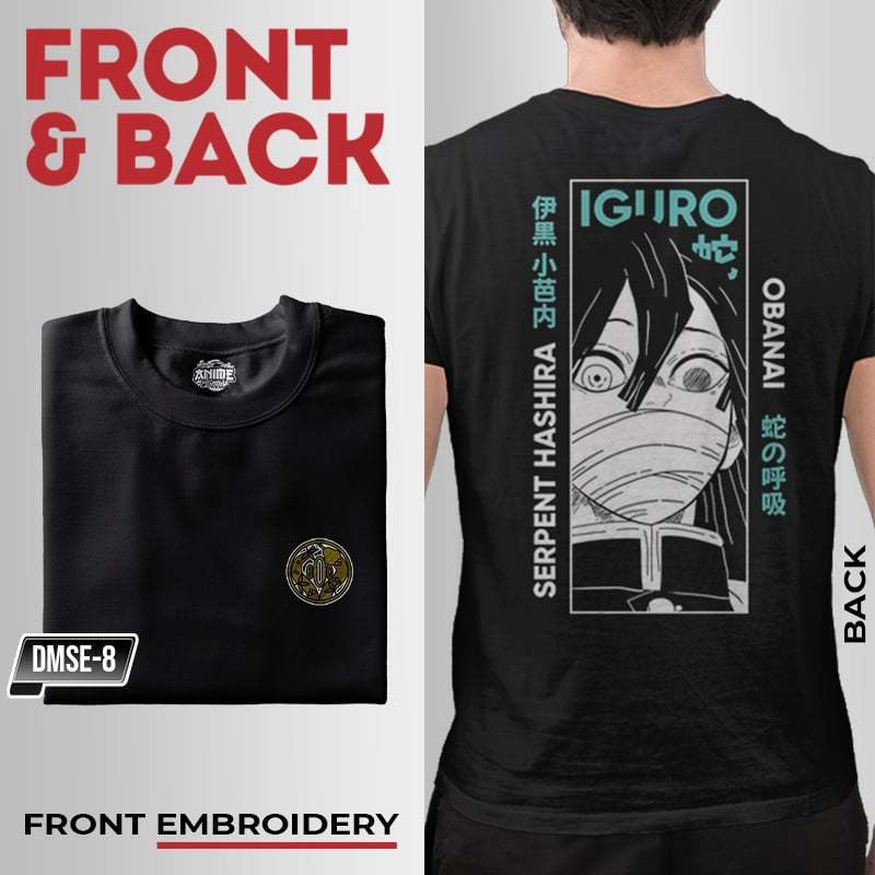 Anime Demon Slayer Serpent Hashira Obanai Iguro Design Embroidery T-shirt Unisex High quality