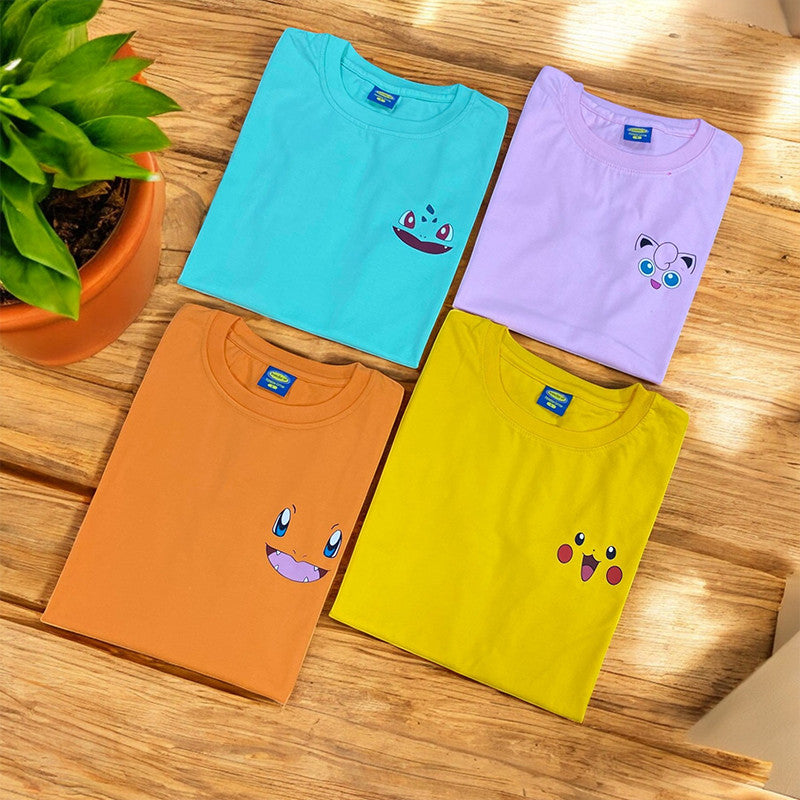 Anime Famous Character Pokemon Logo Faces Pikachu, Balbasaur, Charmander Design T-shirt Unisex