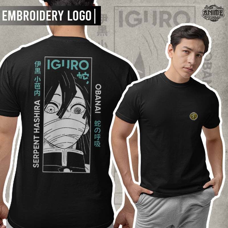 Anime Demon Slayer Serpent Hashira Obanai Iguro Design Embroidery T-shirt Unisex High quality