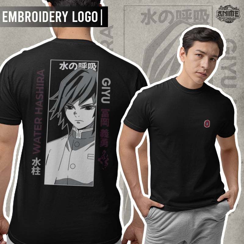 Anime Demon Slayer Water Hashira Giyu Tomioka Design Embroidery T-shirt Unisex High quality