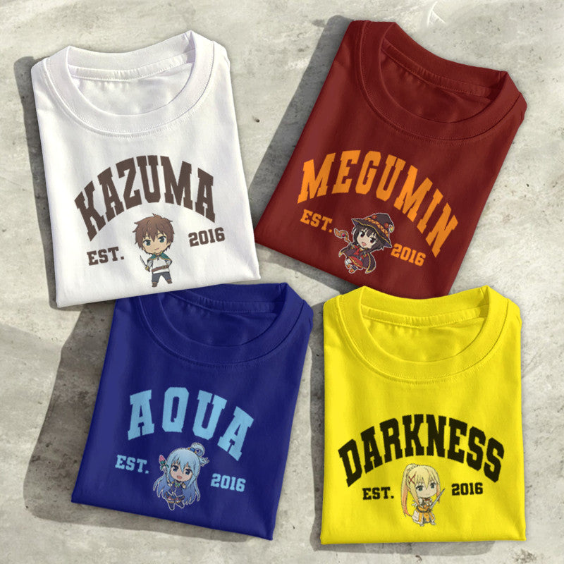 Anime Famous Konosuba  Kazuma, Megumin, Aqua, Darkness Character Design T-shirt Unisex