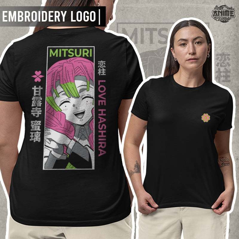 Anime Demon Slayer Love Hashira Mitsuri Kanroji  Design Embroidery T-shirt Unisex High quality