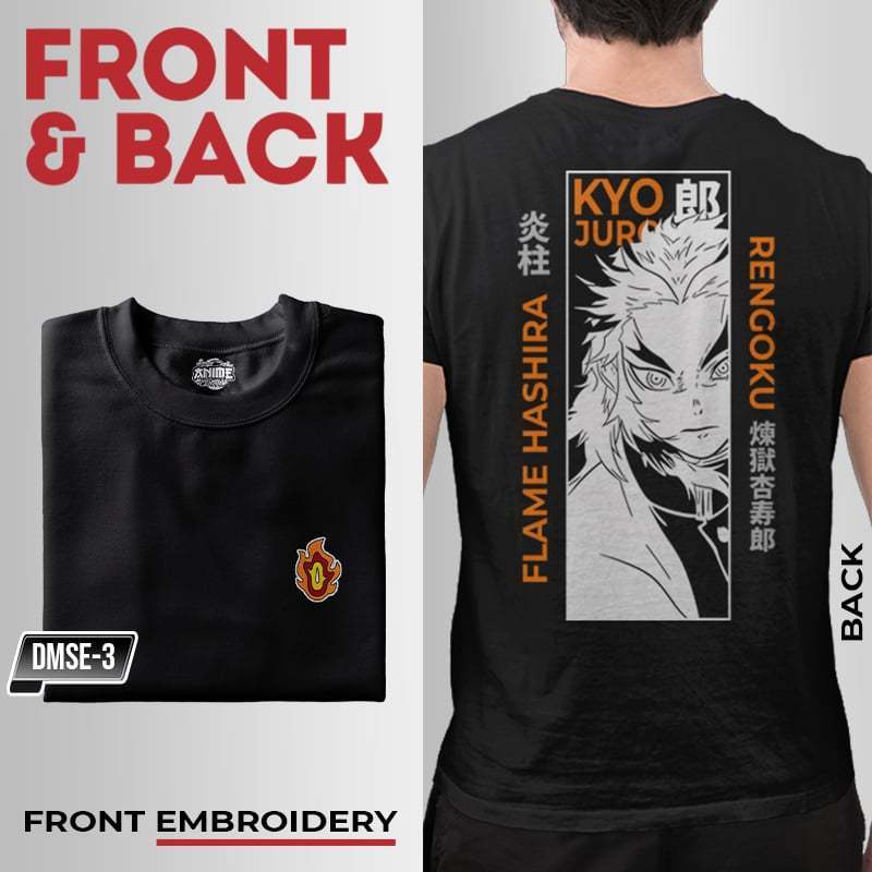 Anime Demon Slayer Flame Hashira Kyojuro Rengoku  Design Embroidery T-shirt Unisex High quality