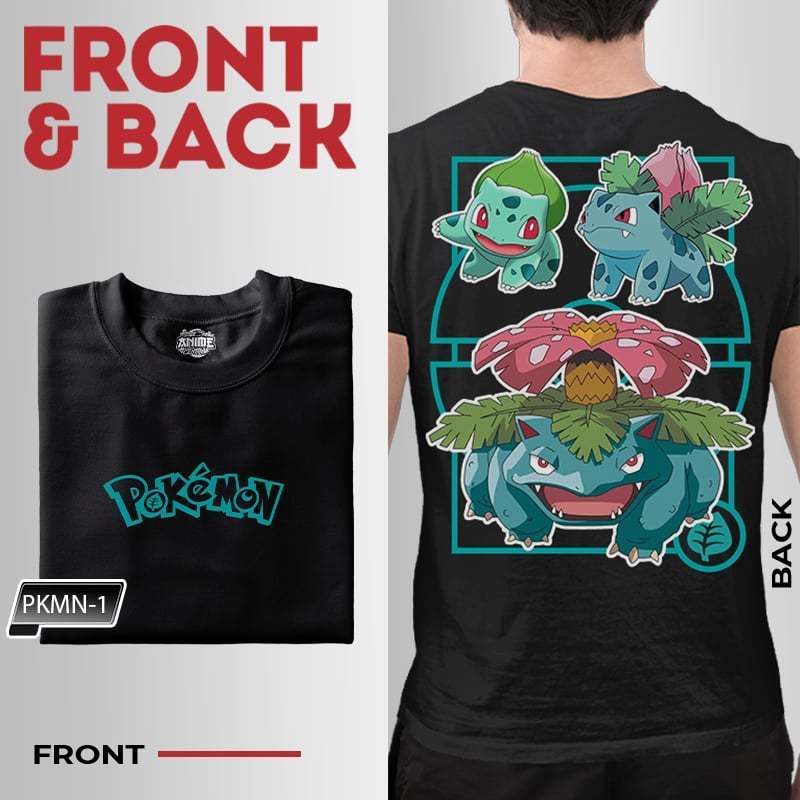 Anime Central Front & Back Pokemon Character Venasaur Pikachu Squirtle Mewtwo Gengar Unisex T-Shirt